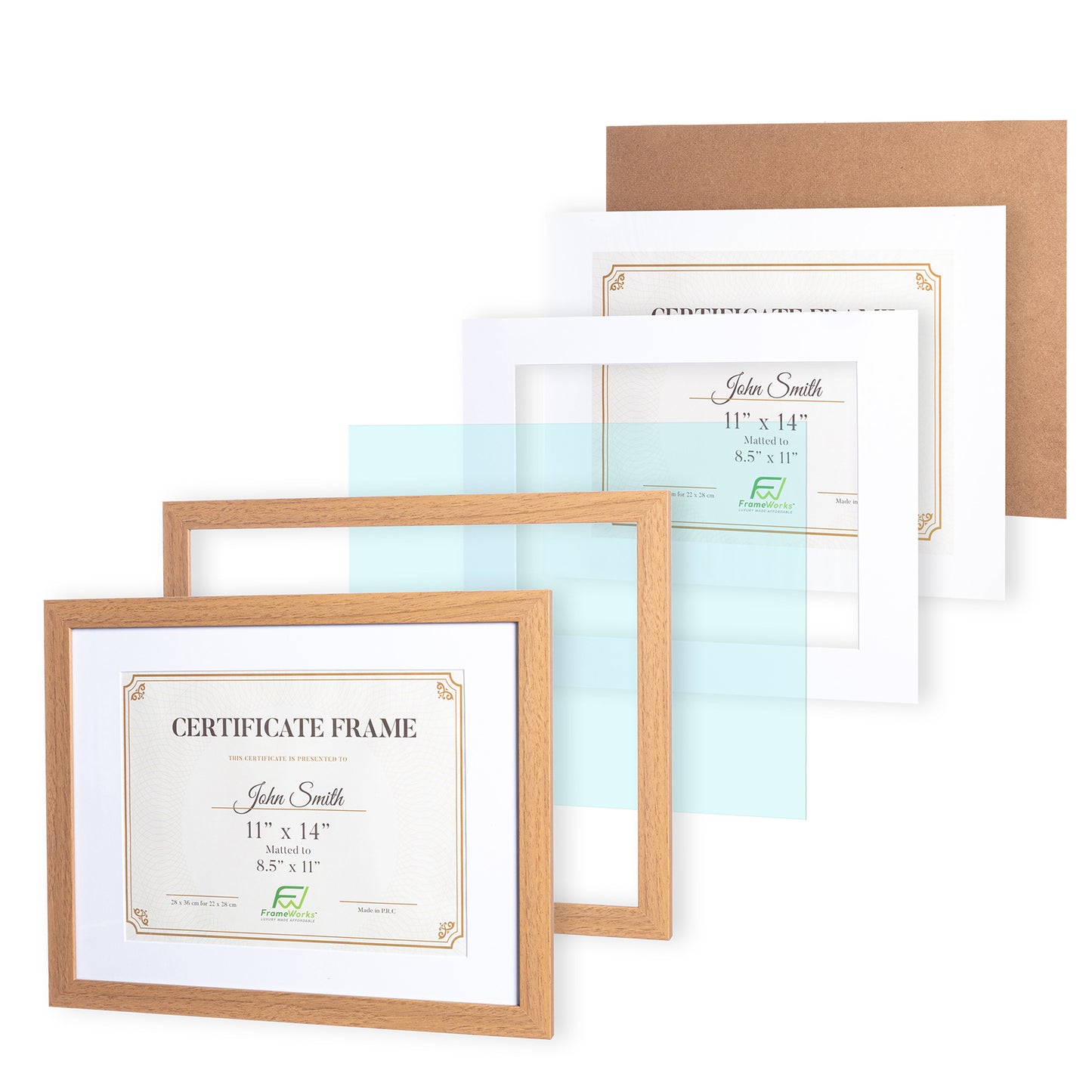 11" x 14” Classic Light Oak Wood Document Frame with Tempered Glass, 8.5" x 11" Matted