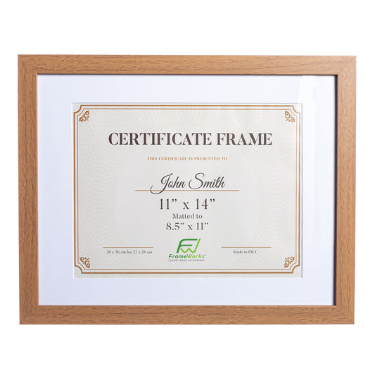11" x 14” Classic Light Oak Wood Document Frame with Tempered Glass, 8.5" x 11" Matted