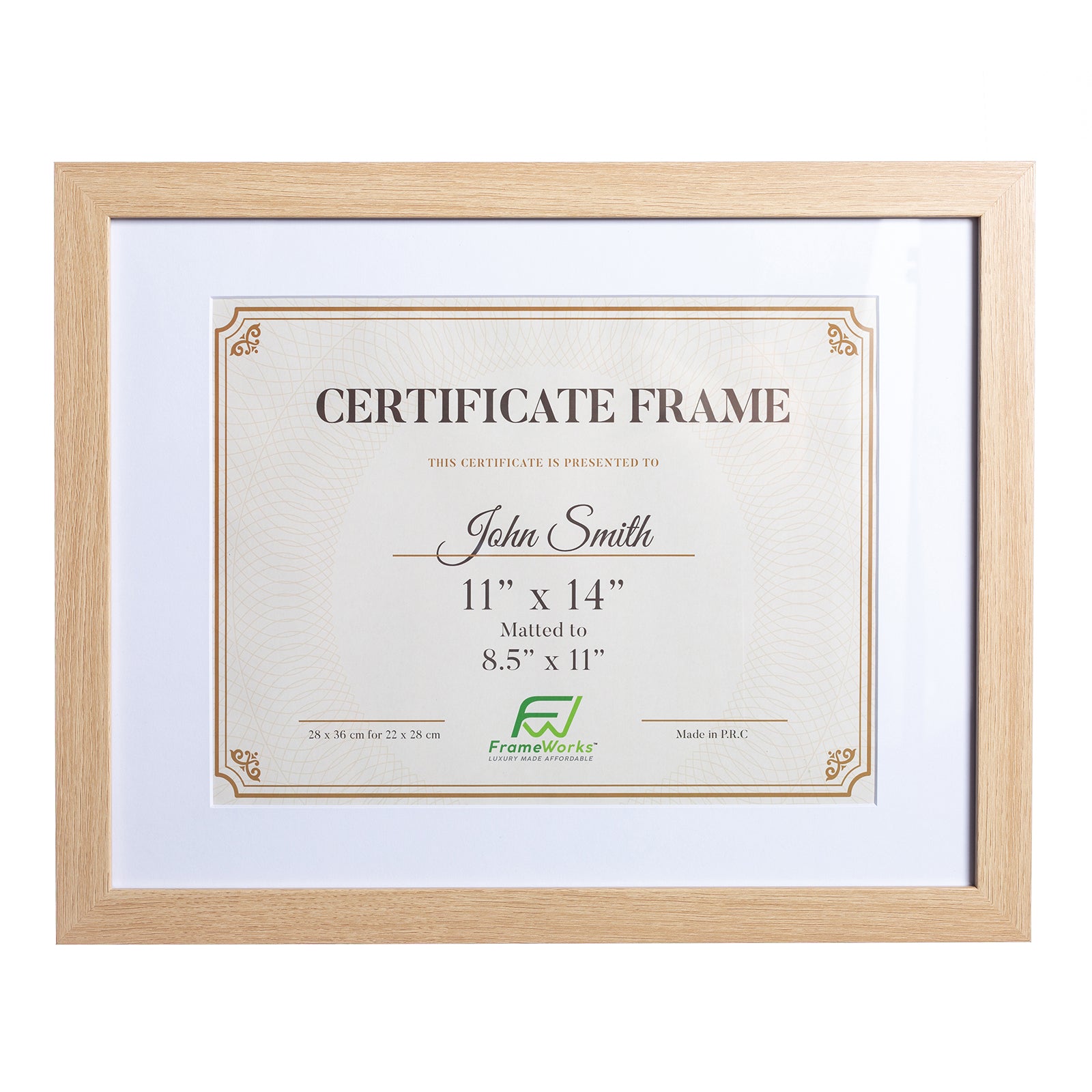 11" x 14” Classic Natural Oak Wood Document Frame with Tempered Glass, 8.5" x 11" Matted
