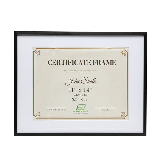 11" x 14" Deluxe Black Aluminum Contemporary Diploma Picture Frame, 8.5" x 11" Matted