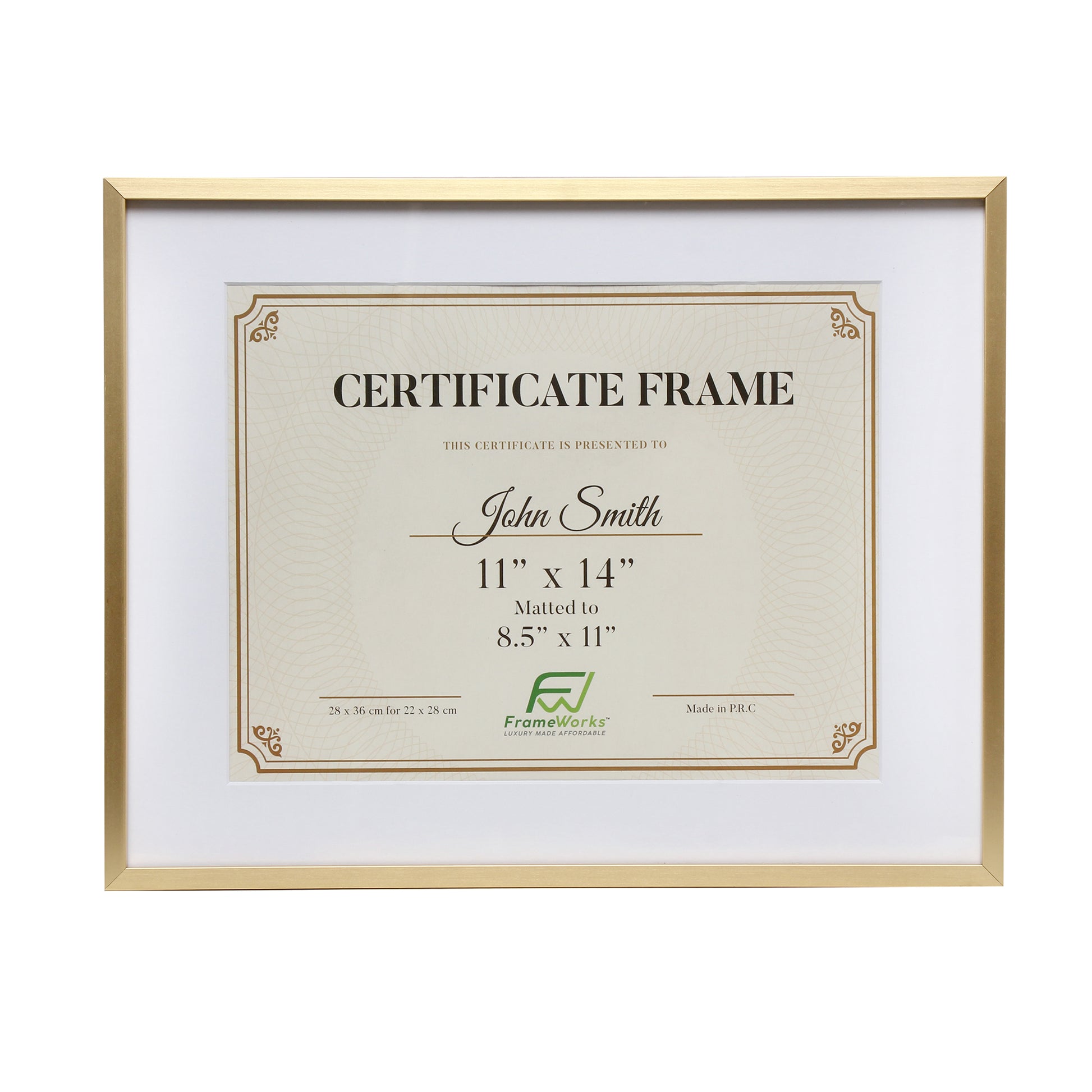 11" x 14" Deluxe Brass Gold Aluminum Contemporary Diploma Picture Frame, 8.5" x 11" Matted