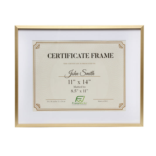 11" x 14" Deluxe Brass Gold Aluminum Contemporary Diploma Picture Frame, 8.5" x 11" Matted