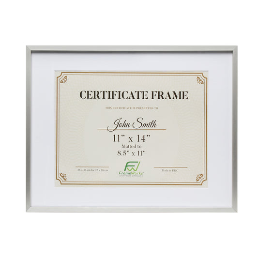 11" x 14" Deluxe Silver Aluminum Contemporary Diploma Picture Frame, 8.5" x 11" Matted