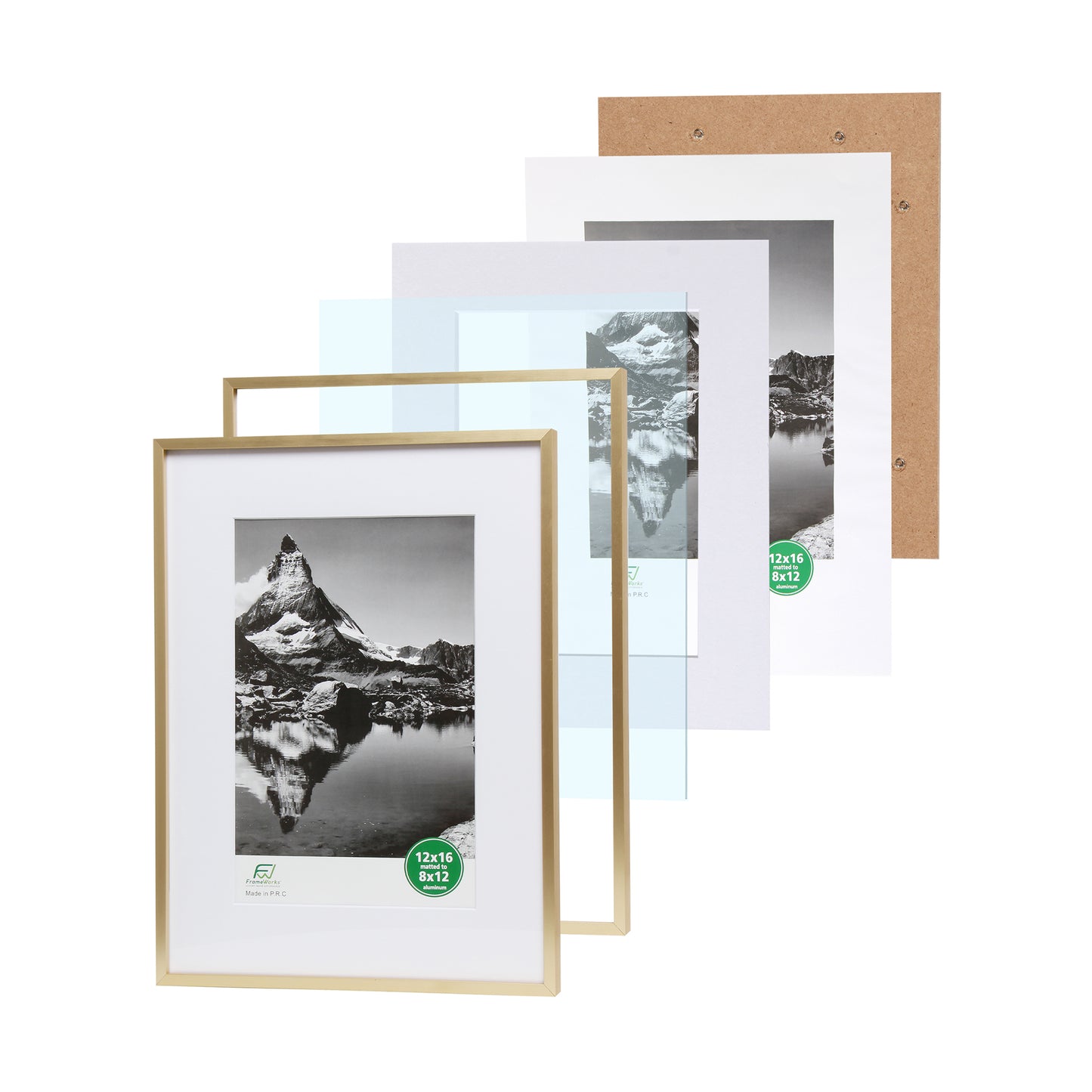 12" x 16" Deluxe Brass Gold Aluminum Contemporary Picture Frame, 8" x 12" Matted