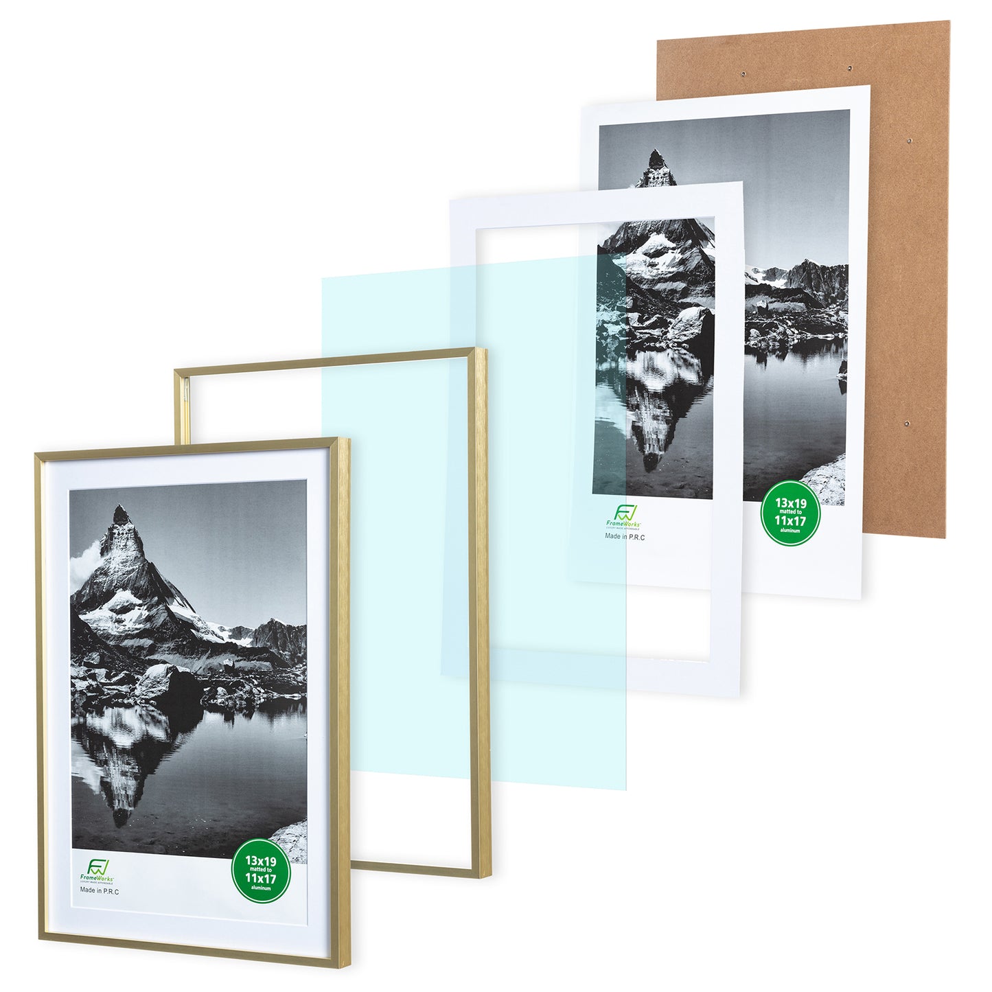 13" x 19" Deluxe Brass Gold Aluminum Contemporary Picture Frame, 11" x 17" Matted