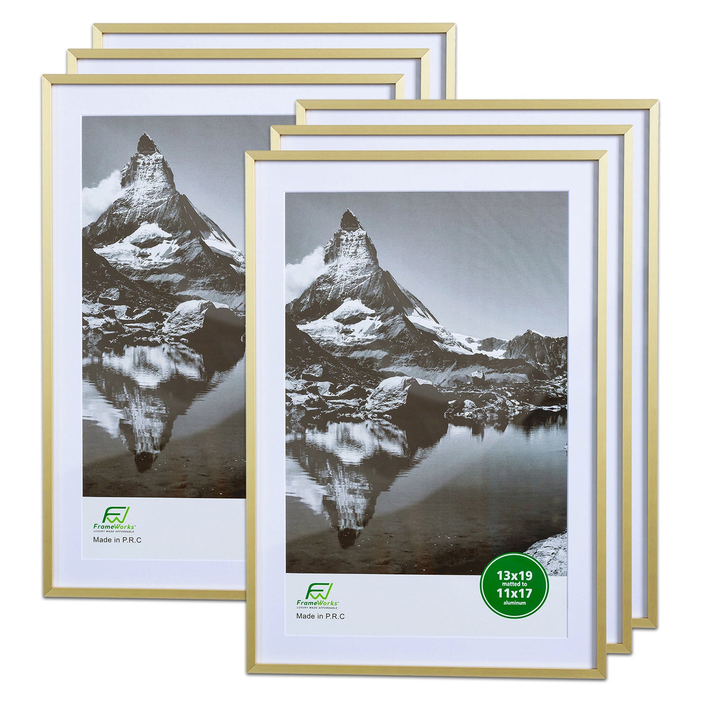 13" x 19" Deluxe Brass Gold Aluminum Contemporary Picture Frame, 11" x 17" Matted