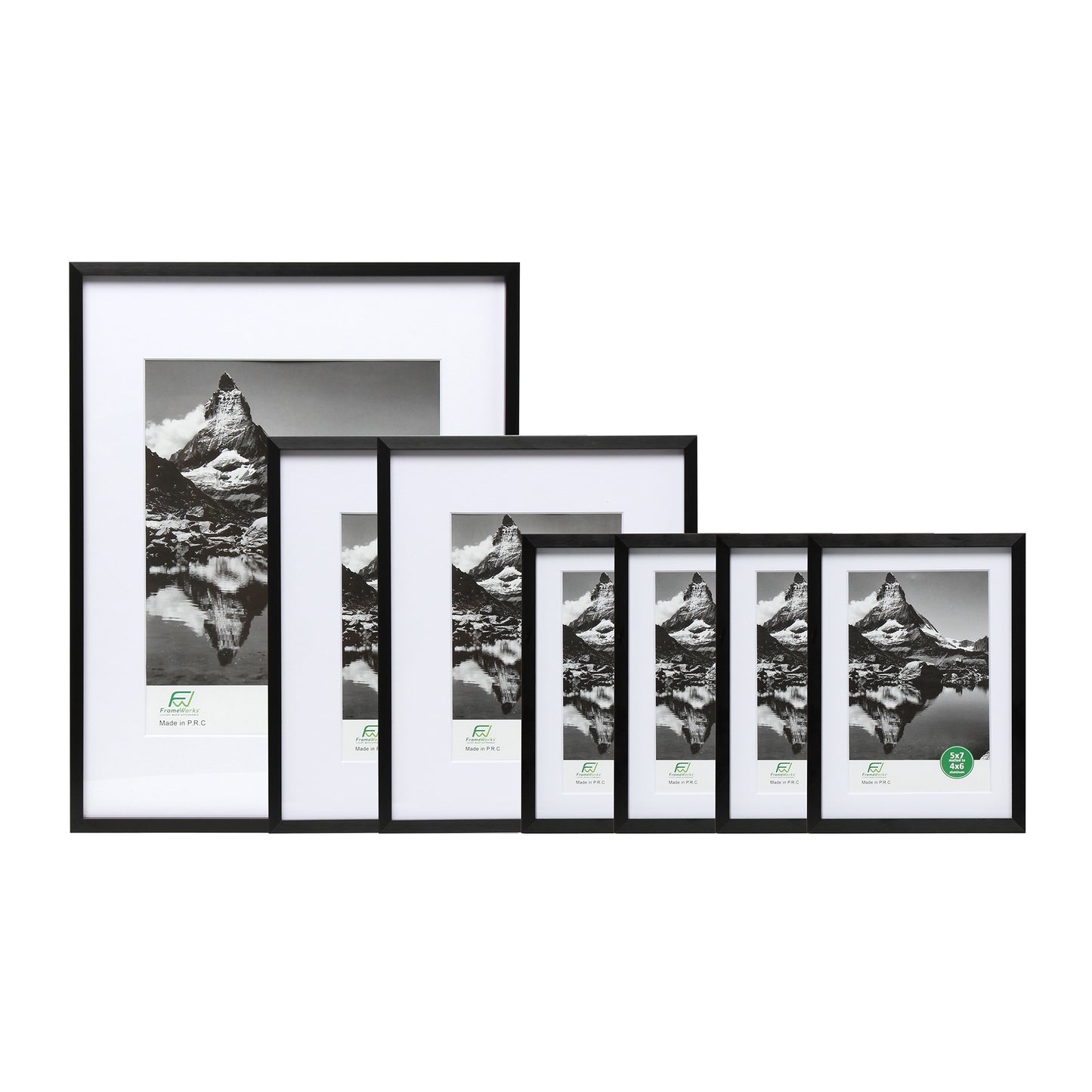 7 Piece Deluxe Black Aluminum Contemporary Picture Frame Set with Tempered Glass