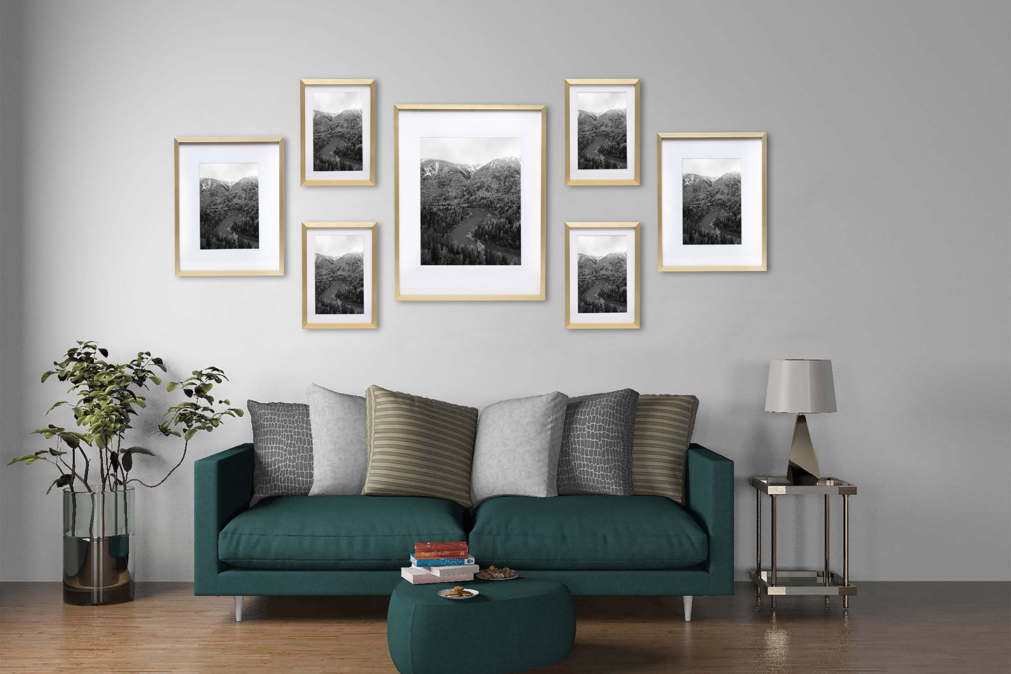 7 Piece Deluxe Brass Gold Aluminum Contemporary Picture Frame Set with Tempered Glass