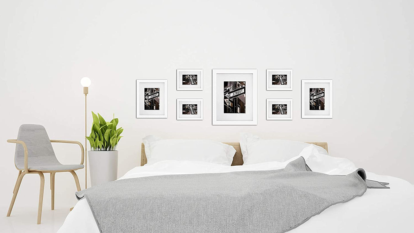 7 Piece White Solid Pine Wood Collage Multi-Size Picture Frame Set with 16" x 20" Frame
