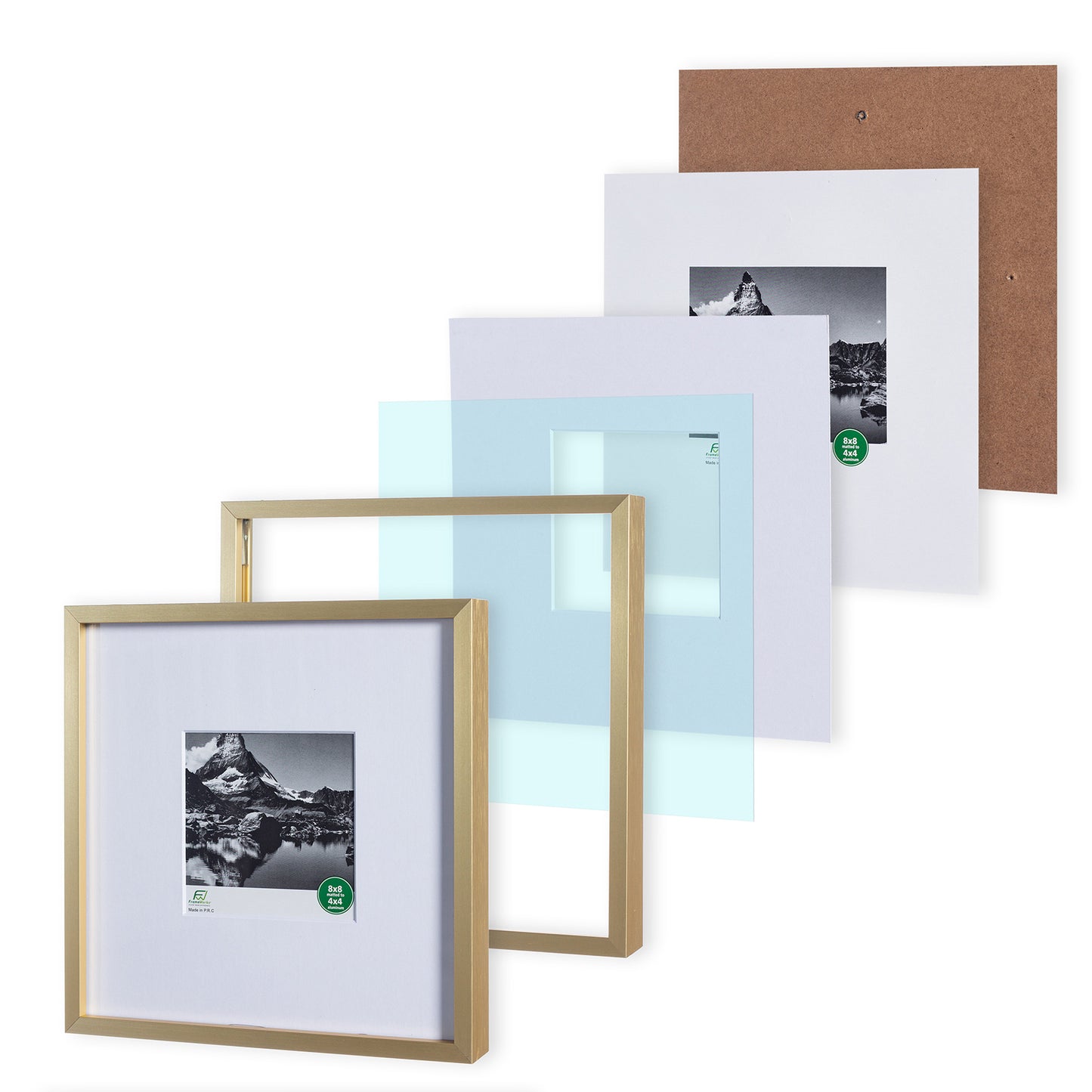 8" x 8" Deluxe Brass Gold Aluminum Contemporary Picture Frame, 4" x 4" Matted