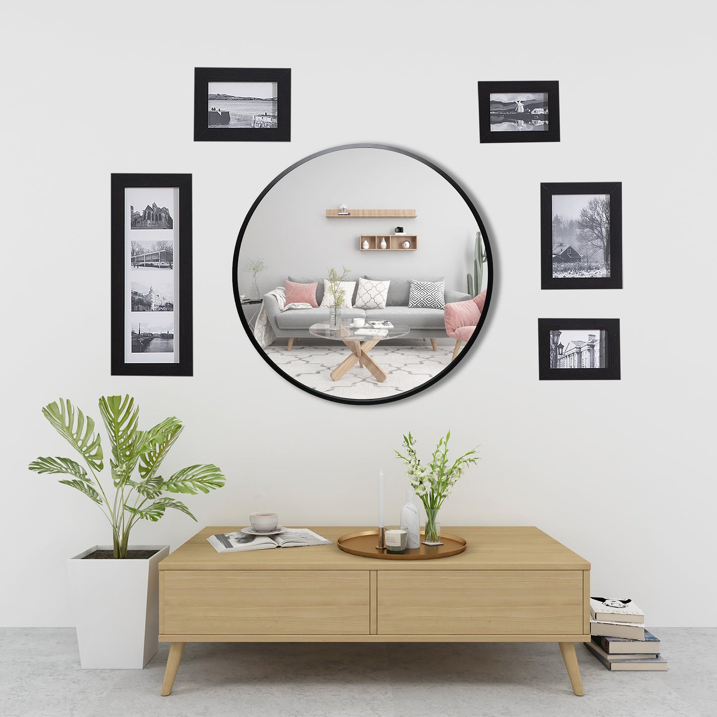 Deluxe Contemporary Black Round Aluminum Mirror