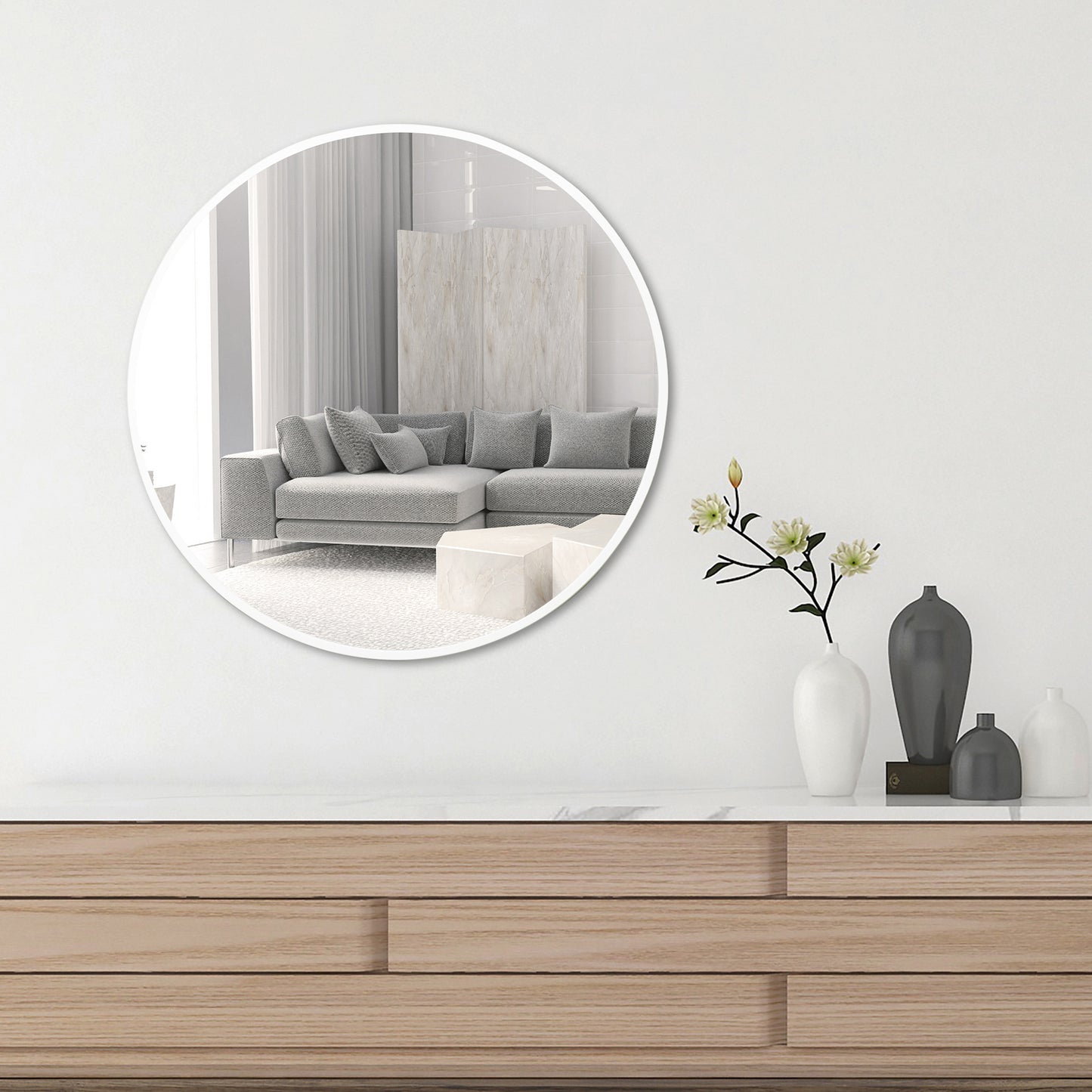 Deluxe Contemporary White Round Aluminum Mirror