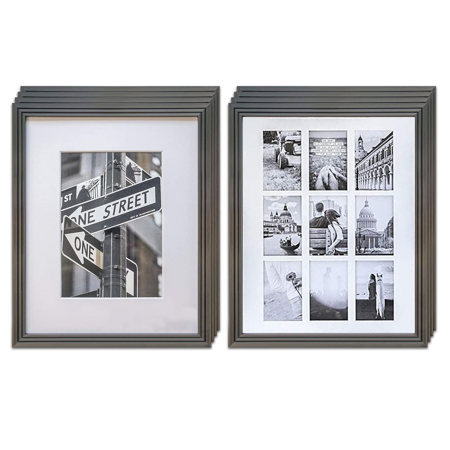 (8-Pack) 16" x 20" Gunmetal Art Deco 8 Pack Picture Frames, 11" x 14" Matted