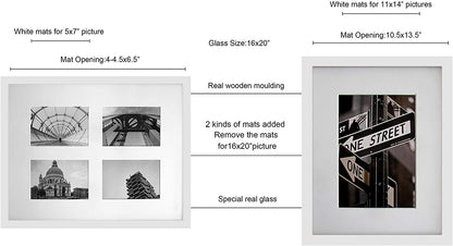 16" x 20" White Solid Pine Wood Picture Frame with Tempered Glass, 11" x 14" Matted