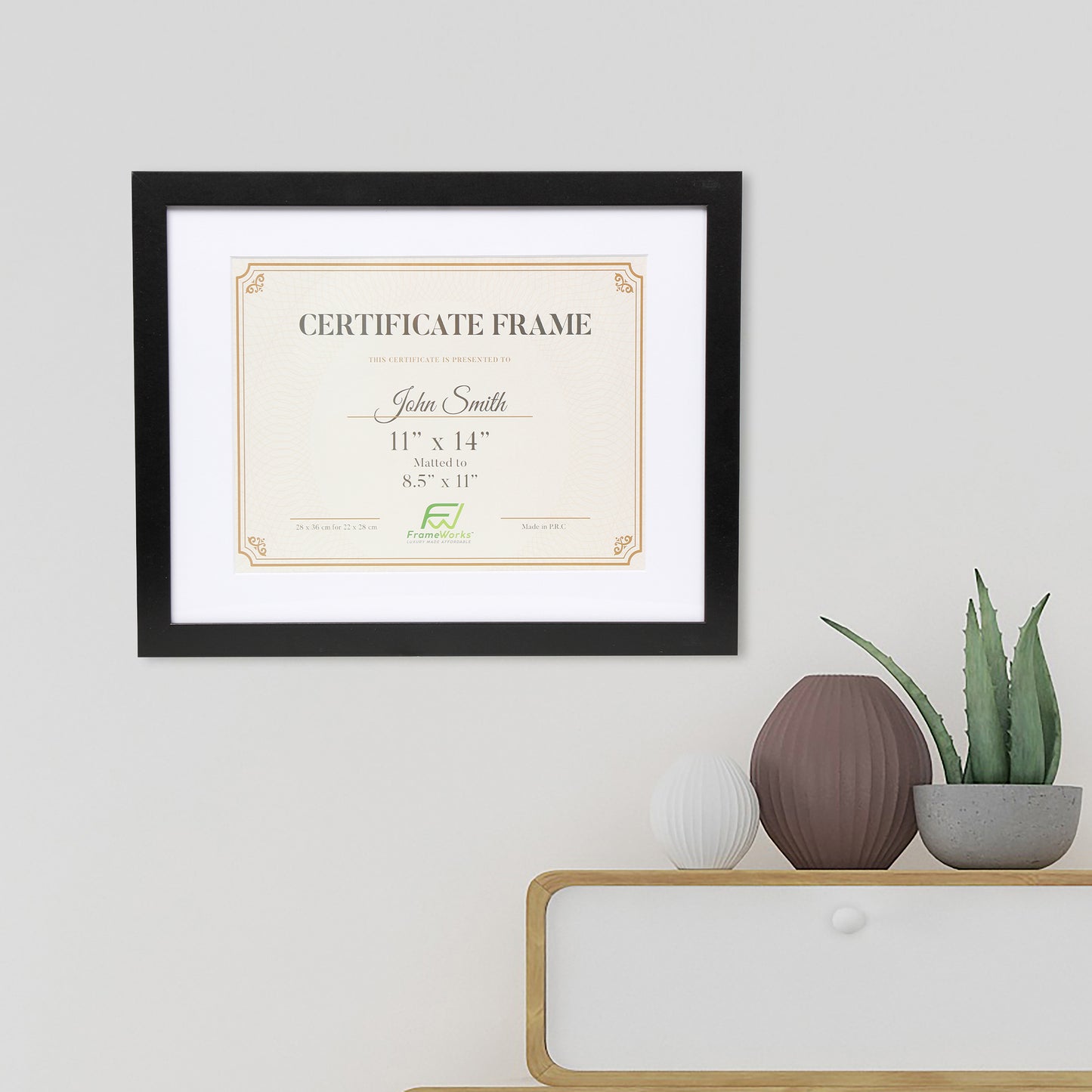 11" x 14” Classic Black Wood Document Frame with Tempered Glass, 8.5" x 11" Matted