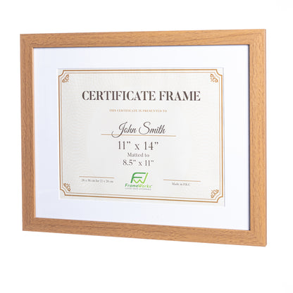 11" x 14” Classic Light Oak Wood Document Frame with Tempered Glass, 8.5" x 11" Matted