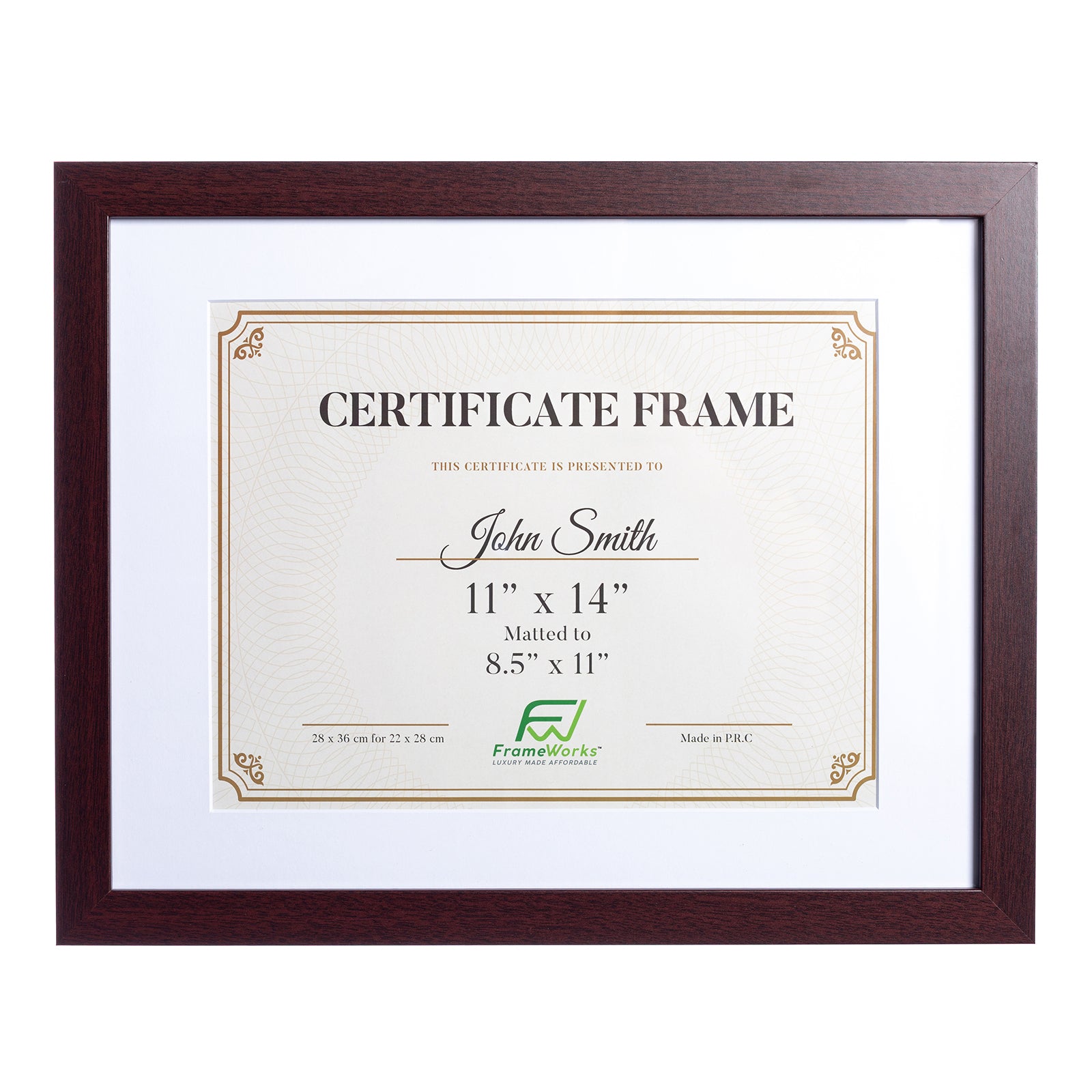 11" x 14” Classic Mahogany Wood Document Frame with Tempered Glass, 8.5" x 11" Matted