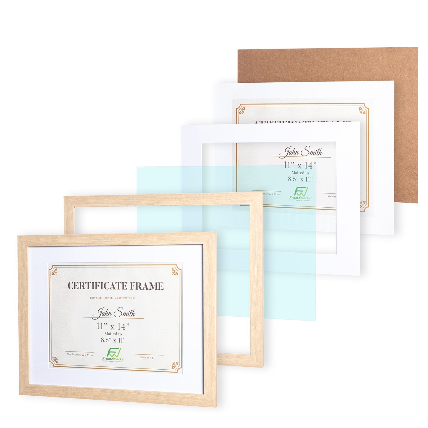 11" x 14” Classic Natural Oak Wood Document Frame with Tempered Glass, 8.5" x 11" Matted