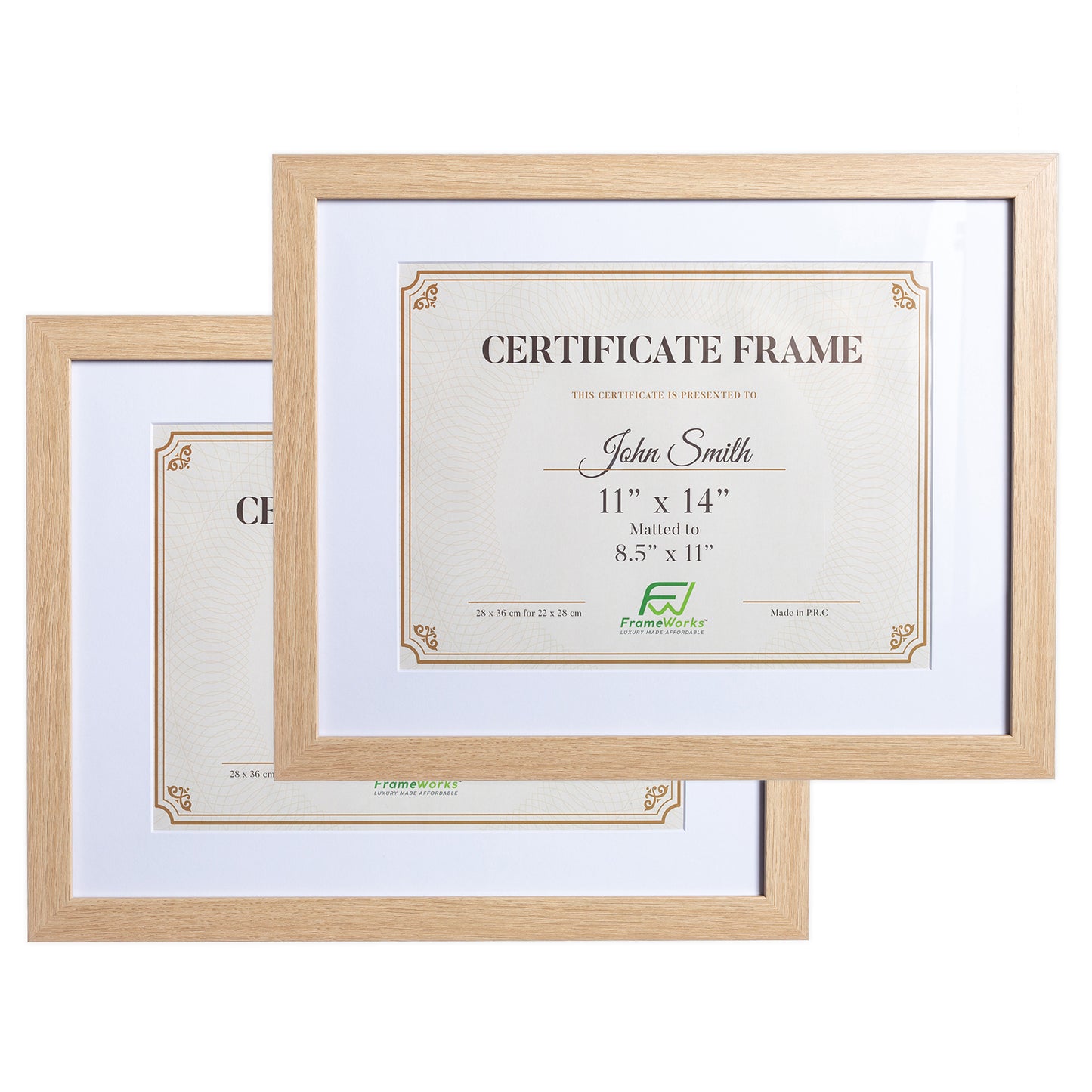 11" x 14” Classic Natural Oak Wood Document Frame with Tempered Glass, 8.5" x 11" Matted