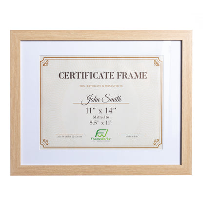 11" x 14” Classic Natural Oak Wood Document Frame with Tempered Glass, 8.5" x 11" Matted