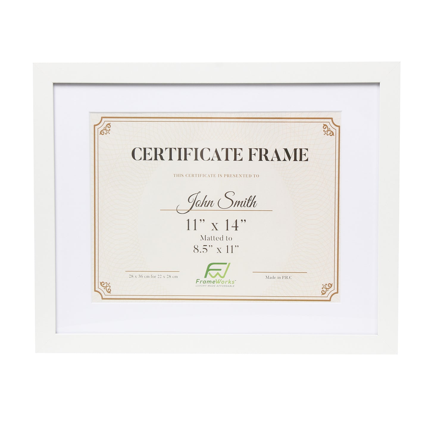 11" x 14” Classic White Wood Document Frame with Tempered Glass, 8.5" x 11" Matted