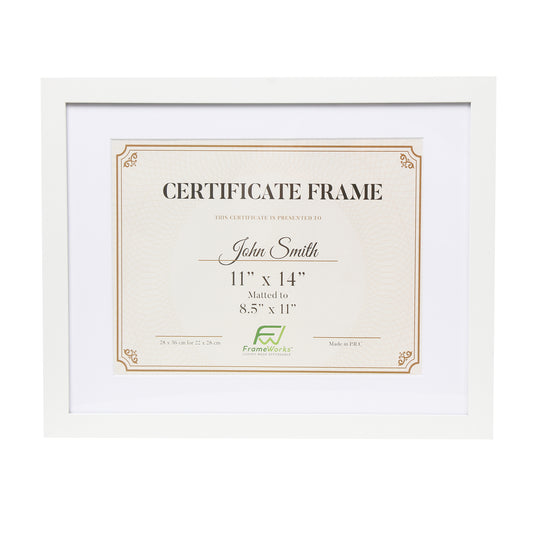 11" x 14” Classic White Wood Document Frame with Tempered Glass, 8.5" x 11" Matted