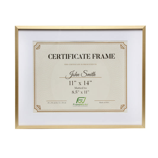 FrameWorks 16”x20” Matted to 11”x14” – Deluxe Brass Gold Aluminum  Contemporary Picture Frame with Tempered Glass and Removable Mat