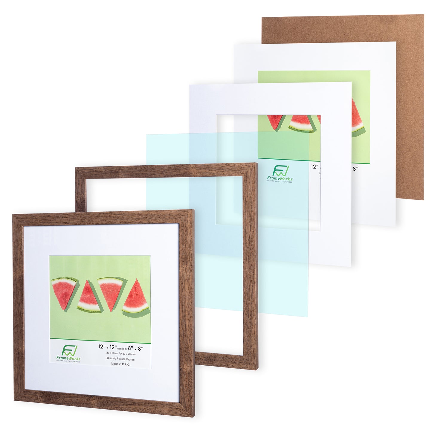 12" x 12” Classic Dark Oak Wood Picture Frame with Tempered Glass, 8" x 8" Matted