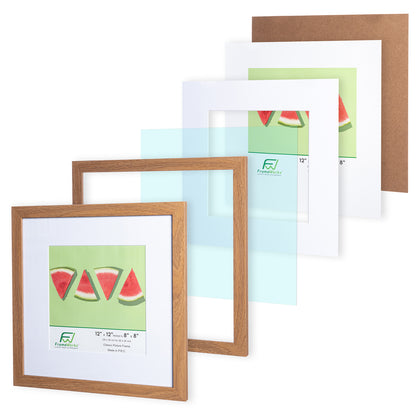 12" x 12” Classic Light Oak Wood Picture Frame with Tempered Glass, 8" x 8" Matted