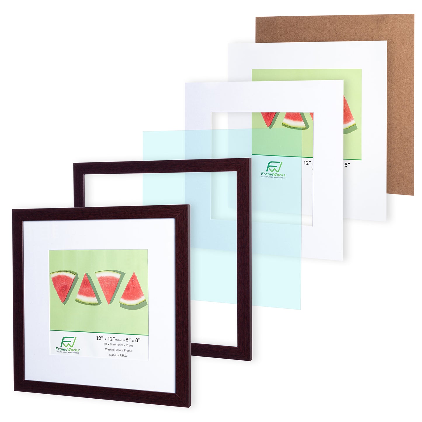 12" x 12” Classic Mahogany Wood Picture Frame with Tempered Glass, 8" x 8" Matted