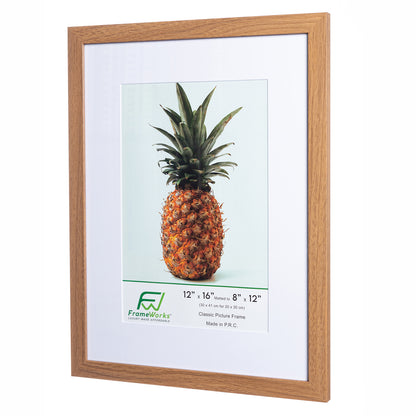 12" x 16” Classic Light Oak Wood Picture Frame with Tempered Glass, 8" x 12" Matted