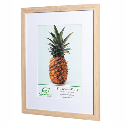 12" x 16” Classic Natural Oak Wood Picture Frame with Tempered Glass, 8" x 12" Matted