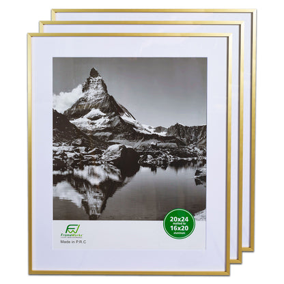 20" x 24" Deluxe Brass Gold Aluminum Contemporary Picture Frame, 16" x 20" Matted