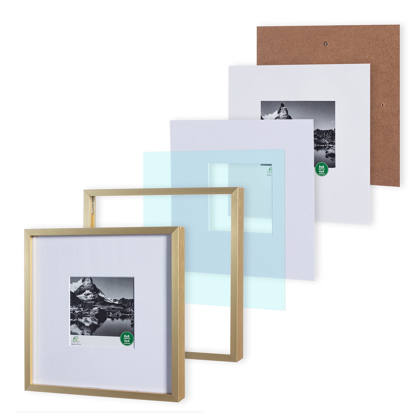 8 x 8 Deluxe Brass Gold Aluminum Contemporary Picture Frame, 4 x 4 Matted,  8 X 8 Picture Frame 